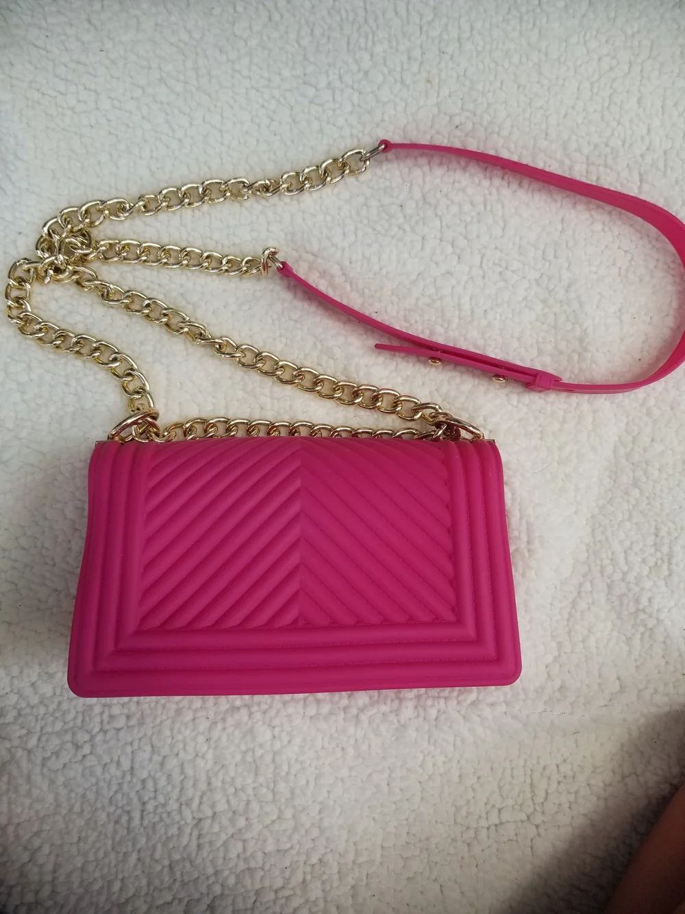 Hot Pink Quilted Jelly Crossbody Bag with Gold Chain